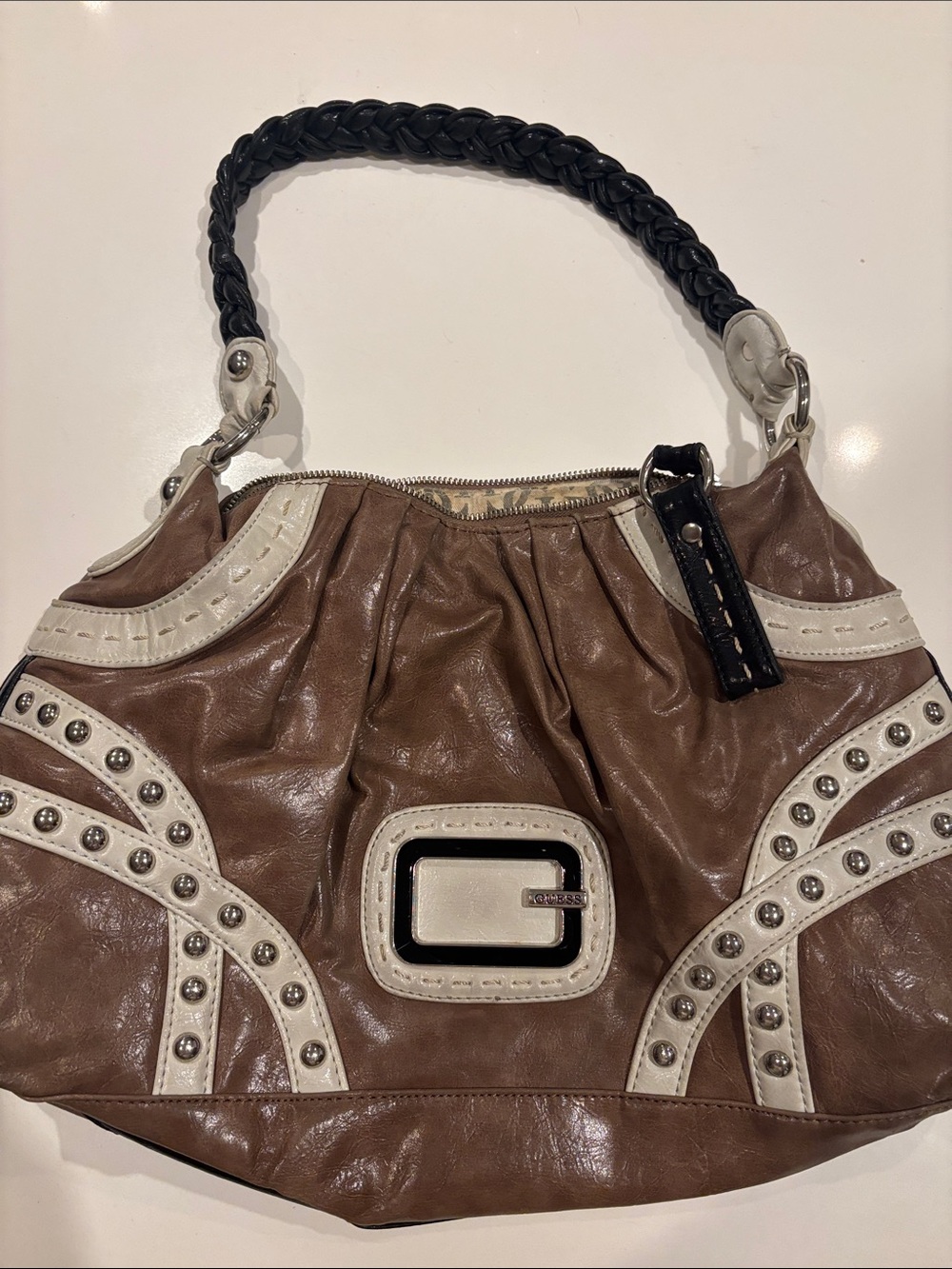 Guess Women’s Brown and Cream Shoulder Bag